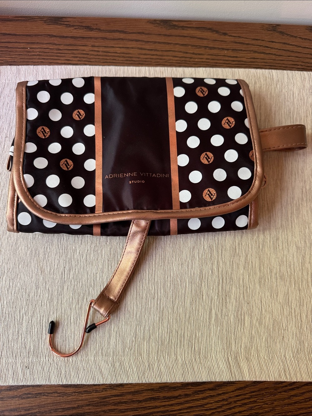 Adrienne Vittadini Black White Polka Dot Cosmetic Case with Bronze Trim